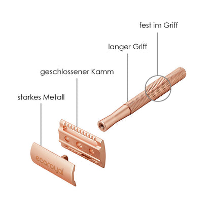 Edelstahl Rasierhobel in Roségold für Damen & Herren -  inkl. 100 Rasierklingen